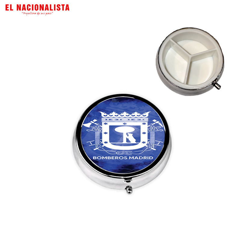 Pastillero Metálico Redondo Bomberos Madrid – Organizador de Bolsillo con Escudo Oficial