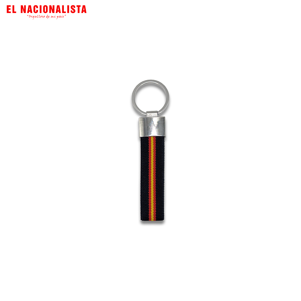 Llavero de Cinta Textil Negra de España – Llavero Premium con Bandera Vertical y Cabezal Cuadrado Plateado