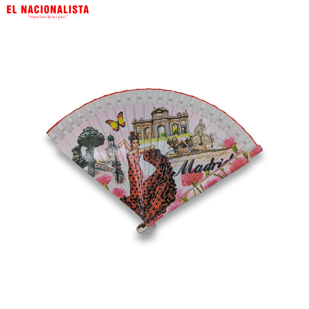 Abanico de Madrid "Flores y Tradición" – Abanico de Madera con Flamenca, Claveles y Monumentos