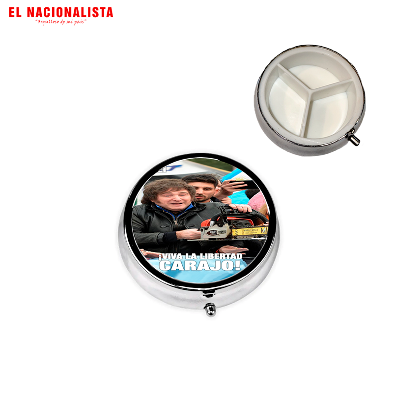 Pastillero Metálico Redondo Javier Milei – Organizador de Bolsillo Exclusivo