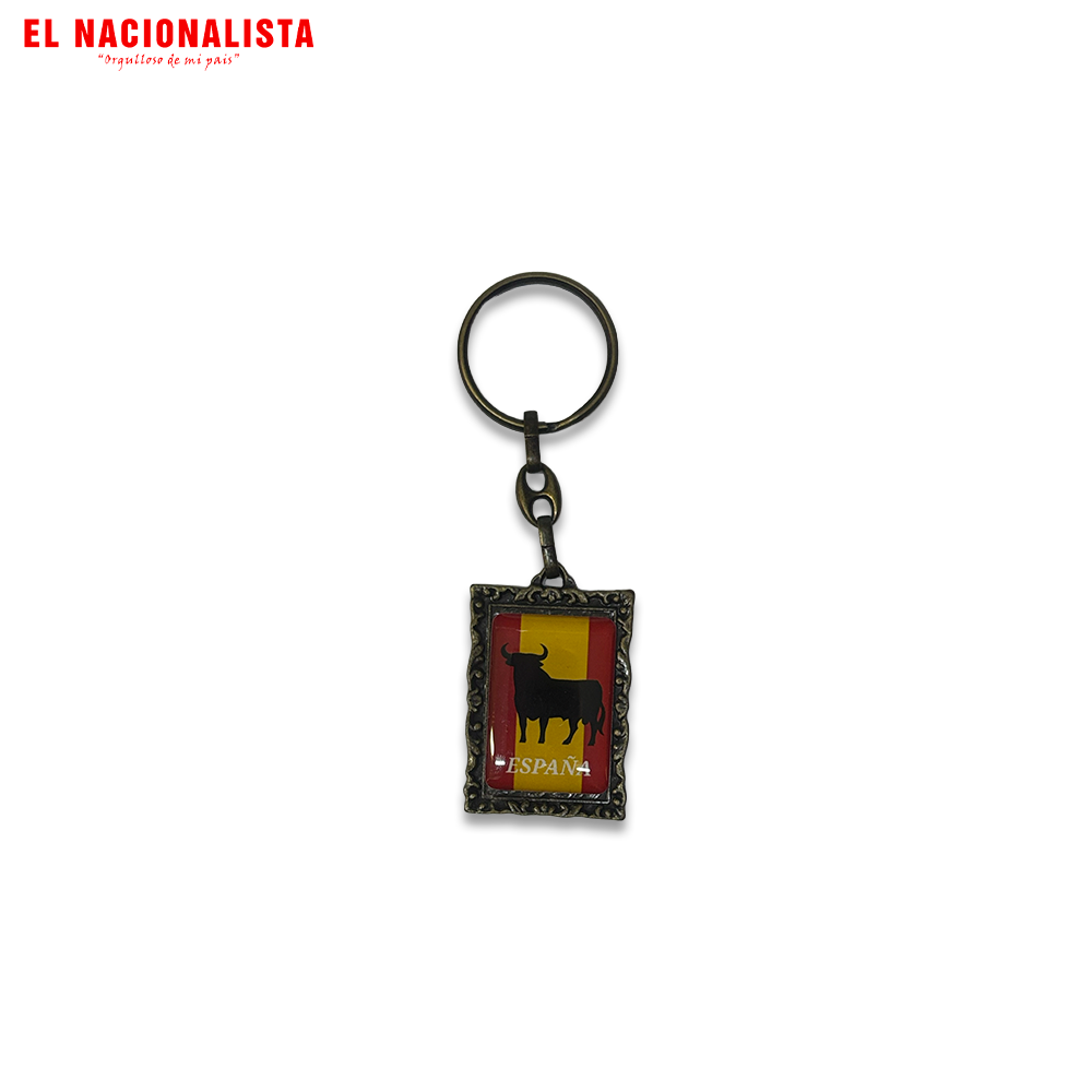 Llavero Plateado Toro de España – Marco Cuadro con Bandera