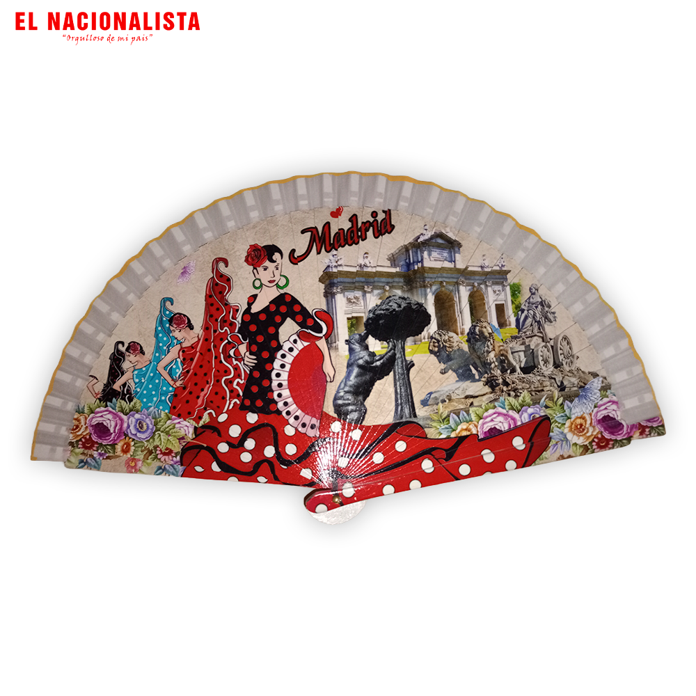 Abanico Madrid con Flamenca y Monumentos en Tonos Beige