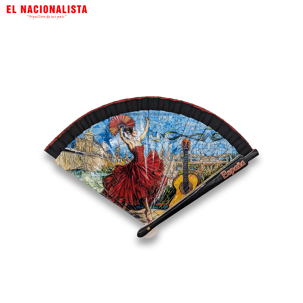 Abanico de España "Estilo Mosaico" – Abanico de Madera con Flamenca y Guitarra Española