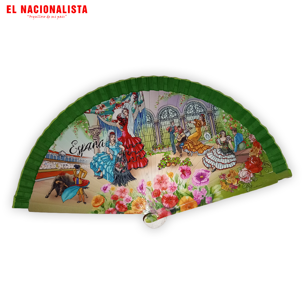 Abanico Verde España con Flamencas y Torero