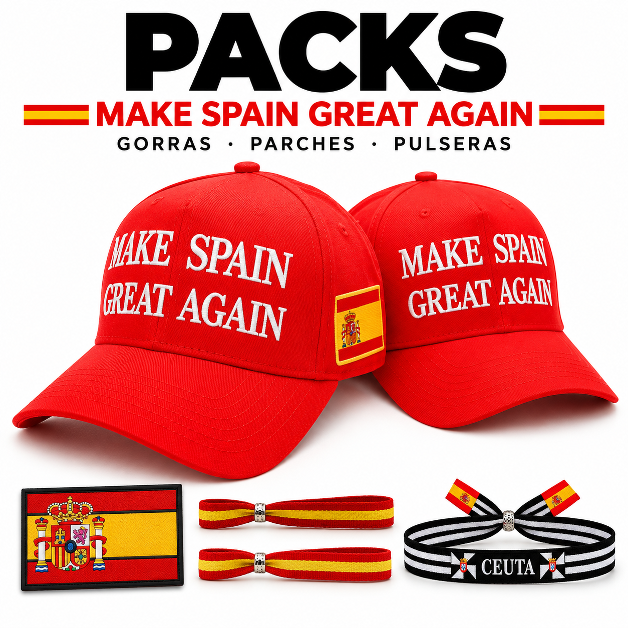 Pack Gorra Make Spain Great Again + Pulsera España, Ceuta o Parche de España