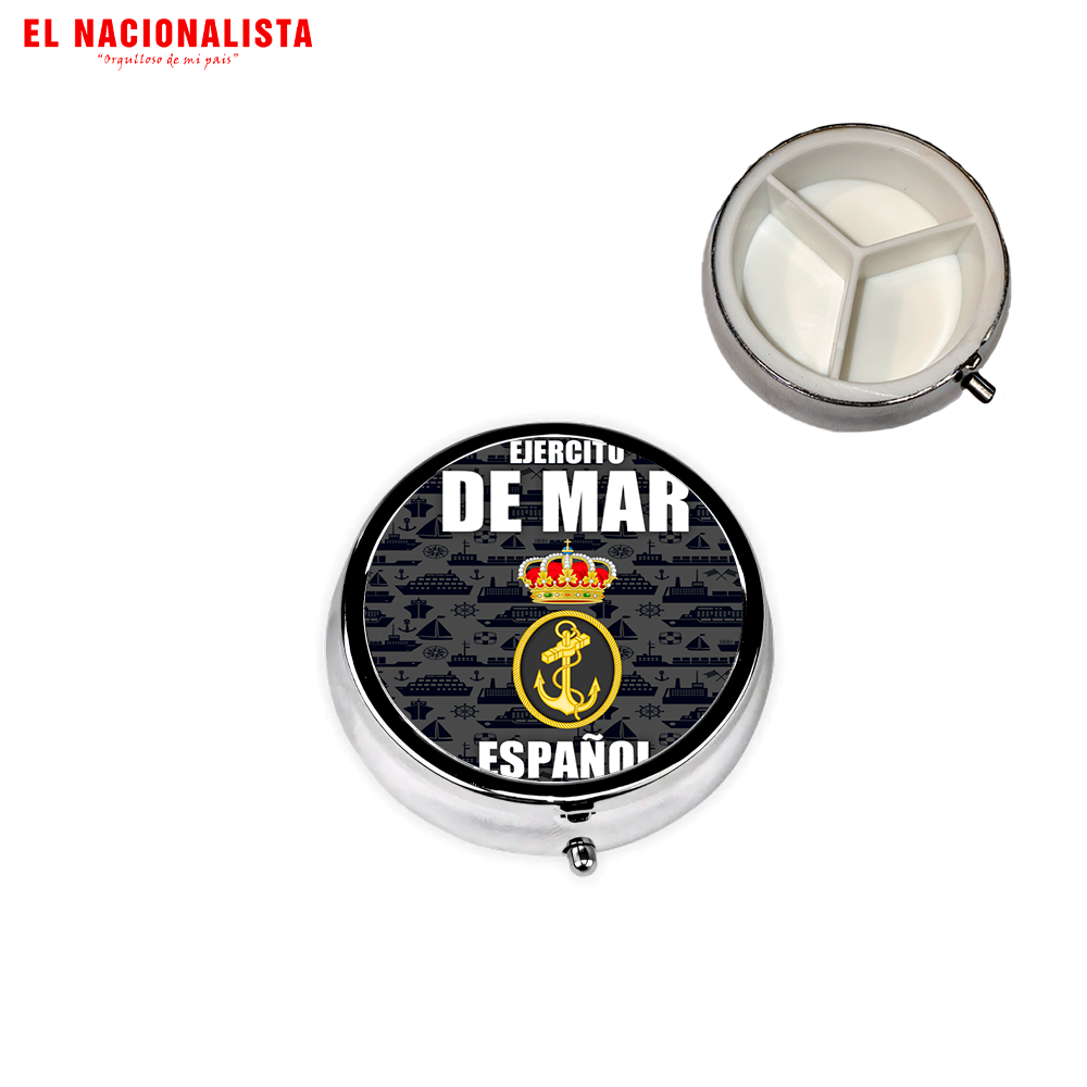 Pastillero Metálico Redondo Ejército de Mar Español – Organizador de Bolsillo con Emblema del Ejército de Mar