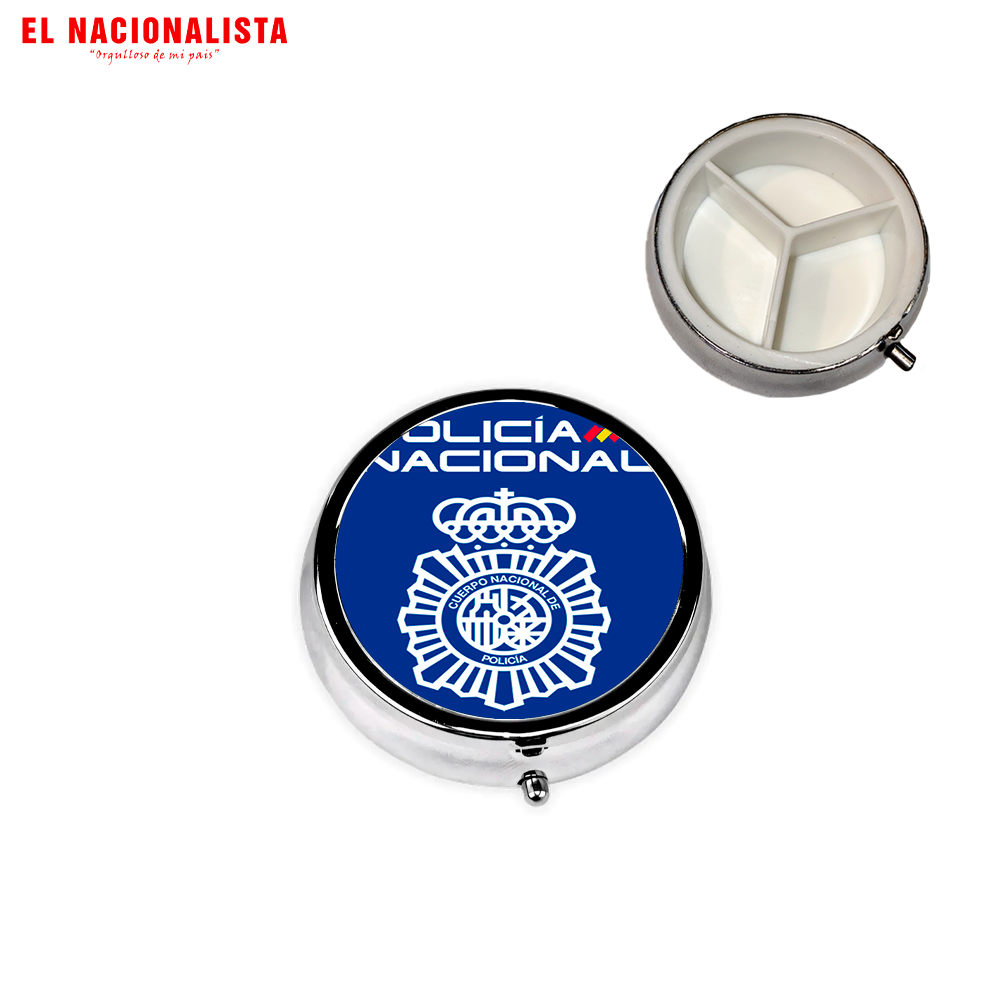 Pastillero Metálico Redondo Policía Nacional – Organizador de Bolsillo con Emblema de la Policía Nacional