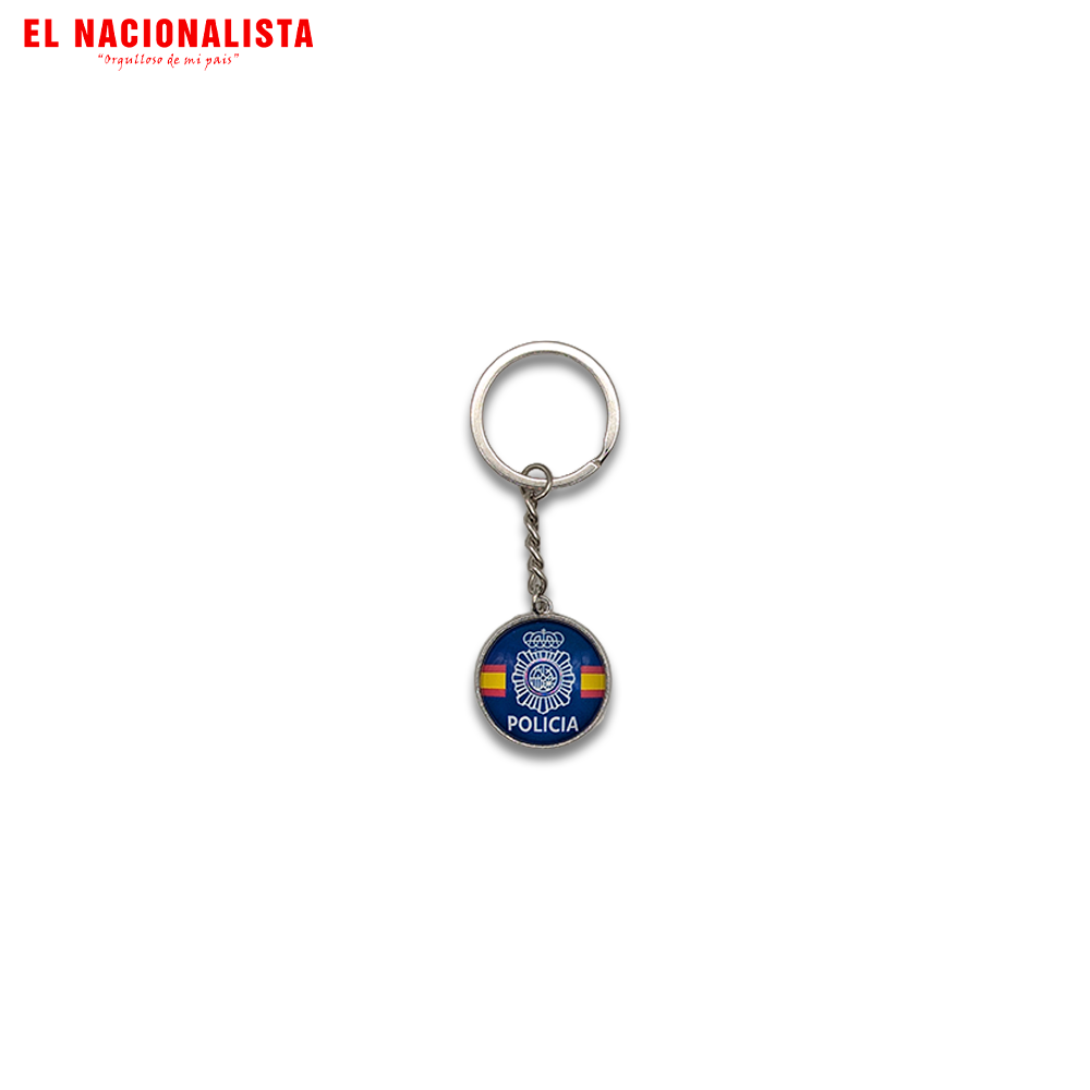 Llavero Circular de la Policía Nacional – Llavero Metálico Plateado con Emblema Oficial, Bandera de España y Fondo Azul