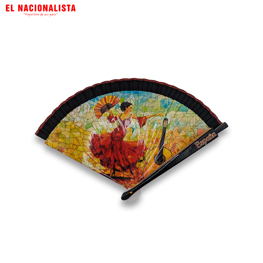Abanico de España "Mosaico Dorado" – Abanico de Madera con Flamenca y Guitarra Clásica